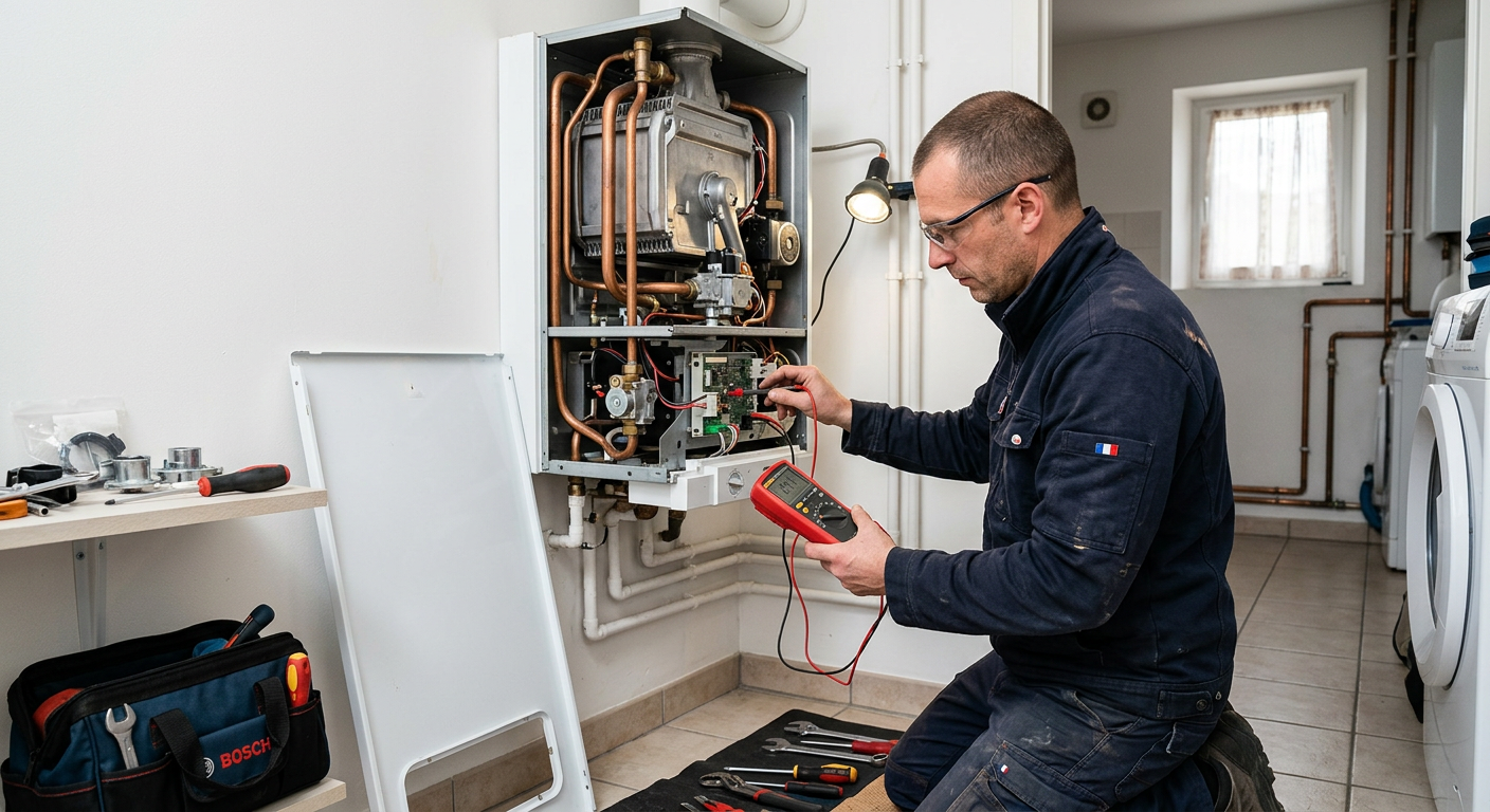 Chauffagiste réparant une chaudière gaz murale à Levallois-Perret