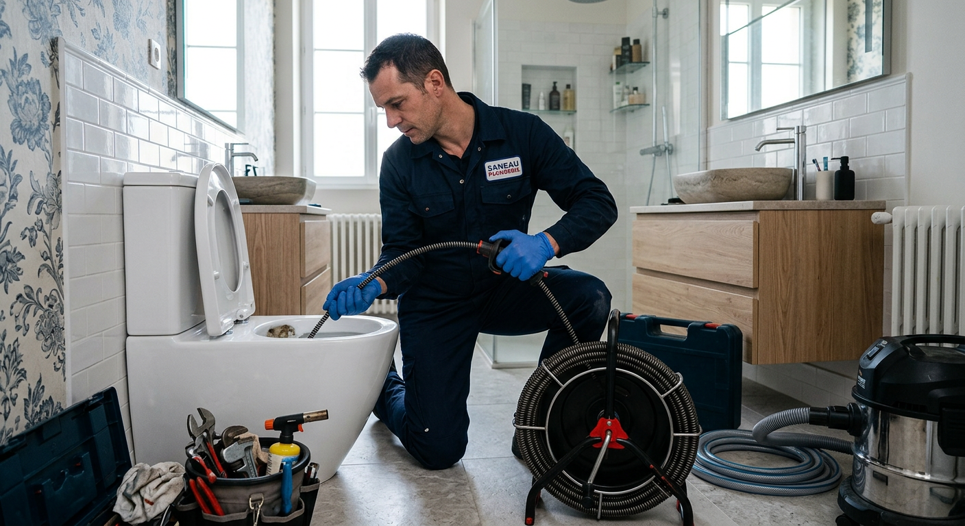 Plombier débouchant des WC avec un furet électrique à Levallois-Perret