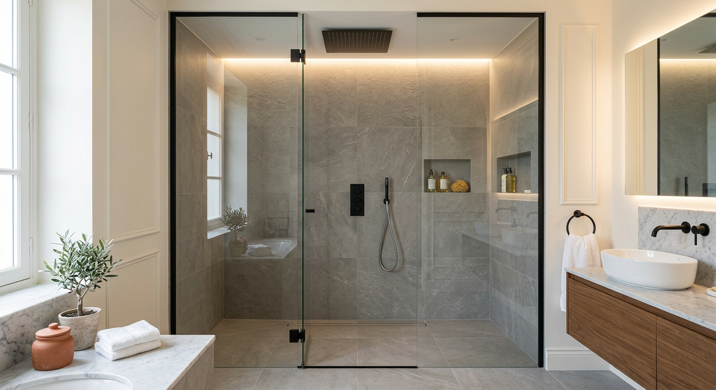Installation de salle de bain moderne avec douche à l'italienne à Levallois-Perret