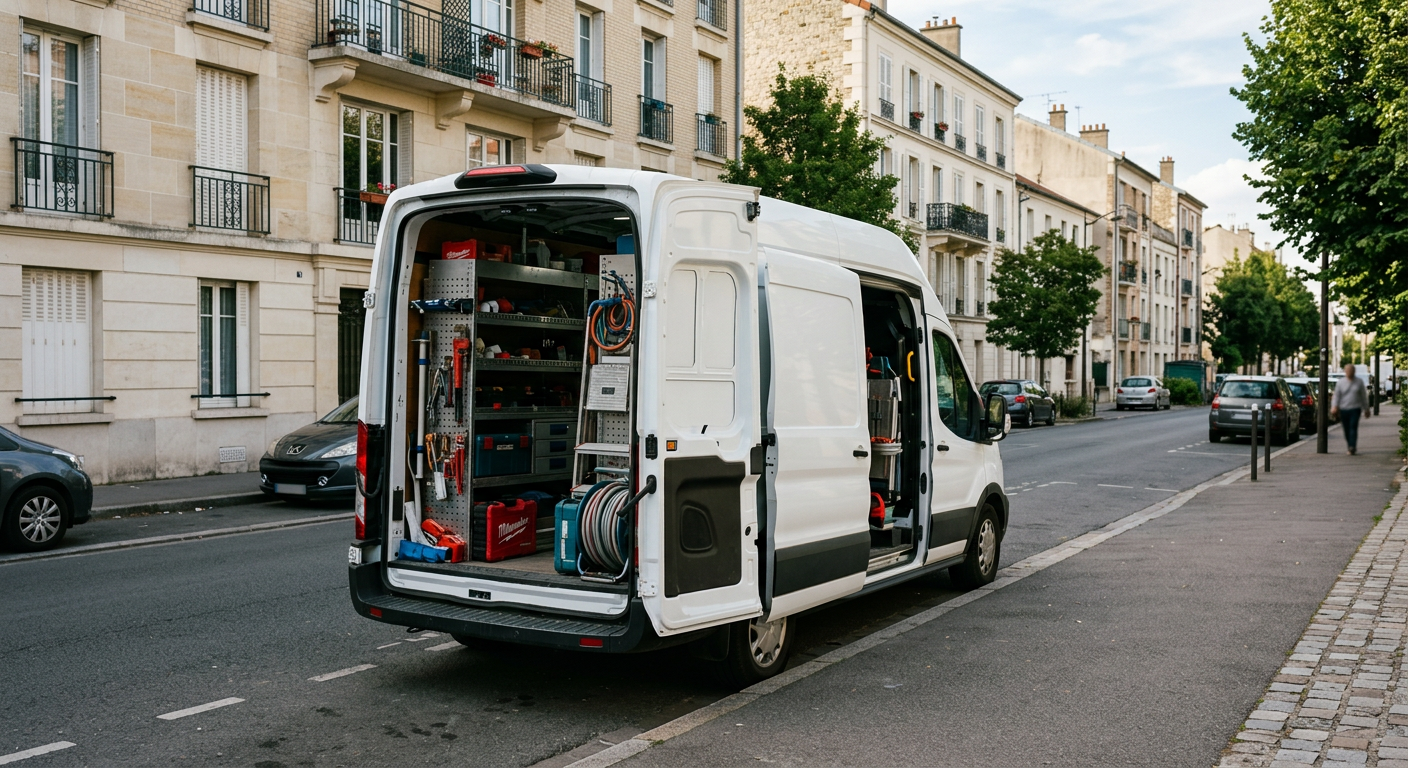 Camionnette plombier Ateliers Plombier Levallois-Perret en intervention dans les Hauts-de-Seine
